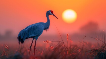 A beautiful blue crane standing in a field of red flowers with the sun setting in the background.