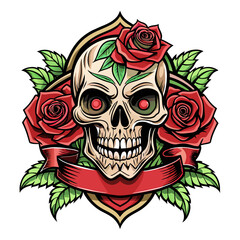 Illustrate a vector composition merging skulls and roses in a traditional tattoo style, incorporating bold lines and rich shading