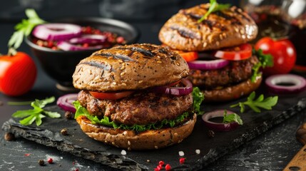 Indulge in sizzling meat patties cooked to perfection on the grill ideal for crafting scrumptious...