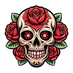 Illustrate a vector composition merging skulls and roses in a traditional tattoo style, incorporating bold lines and rich shading