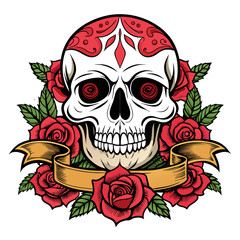 Illustrate a vector composition merging skulls and roses in a traditional tattoo style, incorporating bold lines and rich shading
