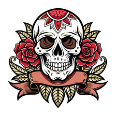 Illustrate a vector composition merging skulls and roses in a traditional tattoo style, incorporating bold lines and rich shading
