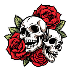 Artwork portraying a skull and roses intertwined with decorative elements like scrolls and flourishes, inspired by old-school tattoo designs