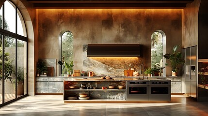 A detailed architectural shot of a luxury kitchen highlighting the arrangement of high-end appliances and granite countertops, showcasing an optimal layout.