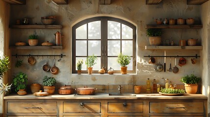 A detailed scene showing the cozy corner of a traditional oak kitchen with a small window, terracotta pots, and copper utensils hanging against oak cabinets.