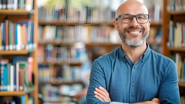 male librarian in glasses, smiling among rows of books in a library setting