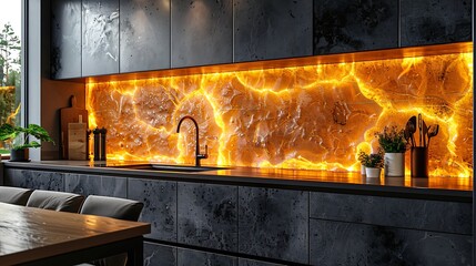 A detailed view of a black and gold kitchen with a focus on a backlit gold-toned glass backsplash and matte black surfaces.