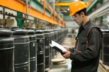 Engineer inspecting chemical tanks in factory, strict quality standards.