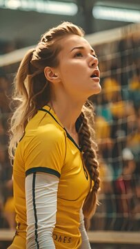 An athlete's intense expression captured during a volleyball match, highlighting her focus and determination, dressed in a yellow team uniform. Vertical video