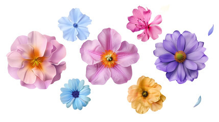 Spring Blossom Collection: Vibrant Colorful Flowers Isolated on Transparent Background - Top View PNG Digital Art 3D