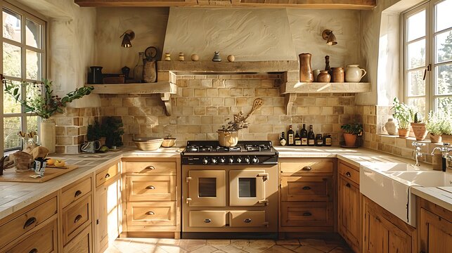 A focus on the interaction of light and shadow in a traditional oak kitchen, highlighting the texture of the terracotta tiles and the grain of the oak cabinets.