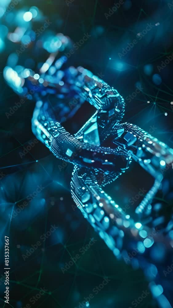 Poster a digital illustration of a dna-like structure composed of blockchain elements, symbolizing the inte