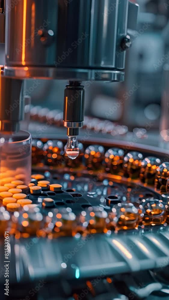 Poster a machine is making pills. the pills are in a tray and the machine is spraying them with a liquid. v