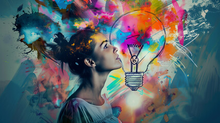 Woman with Colorful Paint and Light Bulb Idea Concept