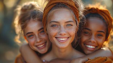 a group hug, close-up of several people embracing, details of smiling faces and interlocked arms,generative ai