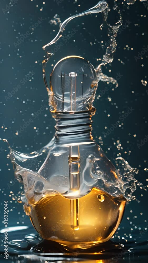 Poster a glass bottle with a light bulb inside is being splashed with water. concept of playfulness and cre