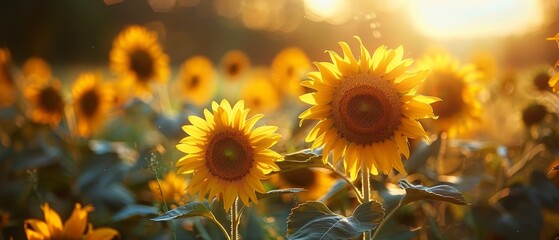 Fototapeta premium A field of sunflowers, with a warm golden glow.