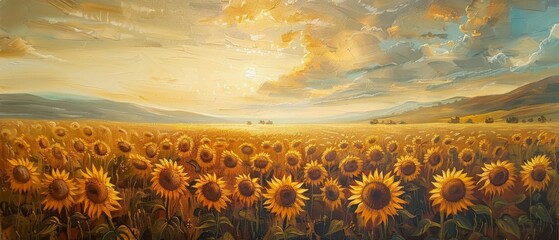 Obraz premium A field of sunflowers stretching to the horizon, with a vibrant sunset sky above.
