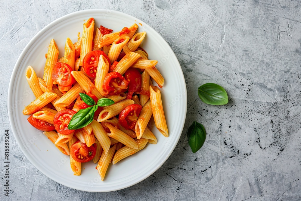 Wall mural penne pasta with tomato in red sauce on a white plate over light grey slate stone or concrete backgr