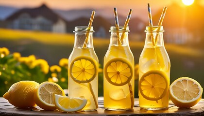 bottles of cold lemonade with lemon slices and straws