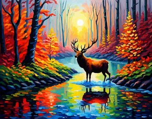 glowing stag in the midst magical forest at dawn with colorful leaves and brook, Generative AI