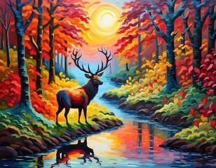 glowing stag in the midst magical forest at dawn with colorful leaves and brook, Generative AI