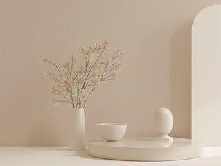 A white vase with flowers sits on a white pedestal in front of a white wall