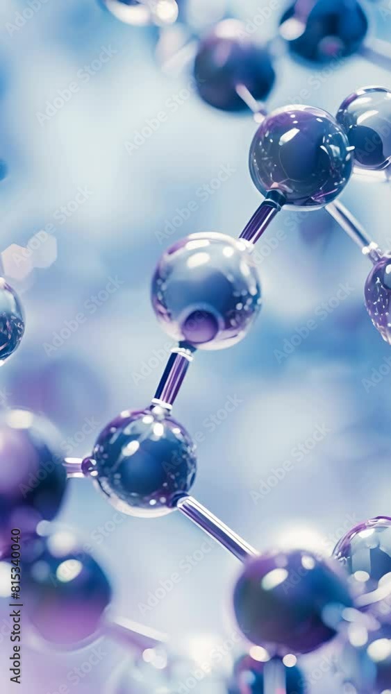 Poster a close up of a blue and purple molecule. the molecule is made up of many small spheres, each of whi