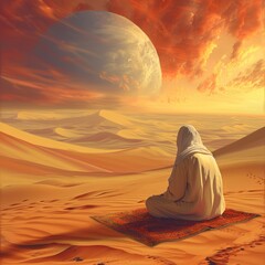 muslim praying on prayer rug in dune desert