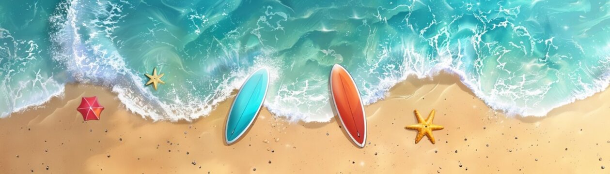 Summer vacation at the beach flat design top view surfing activity theme cartoon drawing vivid