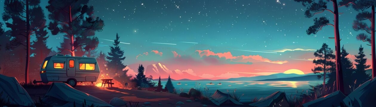 Summer vacation by the lake flat design side view camping night theme cartoon drawing Monochromatic Color Scheme
