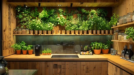 A minimalist kitchen design emphasizing sustainability, with a wall of herbs framed in reclaimed wood and countertops crafted from compressed recycled paper.