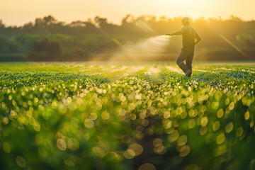 Fototapeta premium Farmer spreading fertilizer on lush green field, nurturing crops for bountiful harvest.