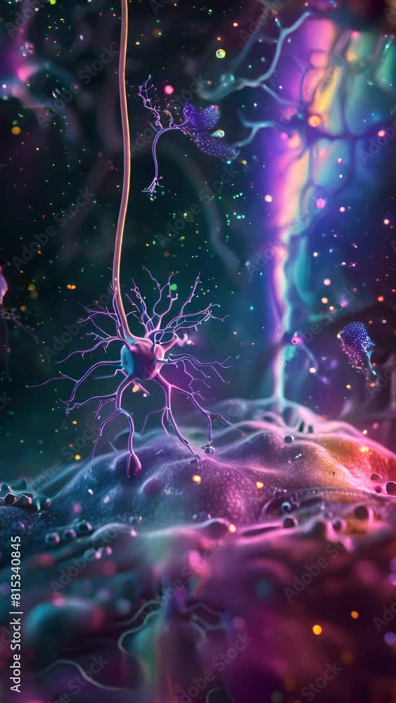 Poster a colorful image of a brain with purple and green neurons. the image is abstract and surreal, with a