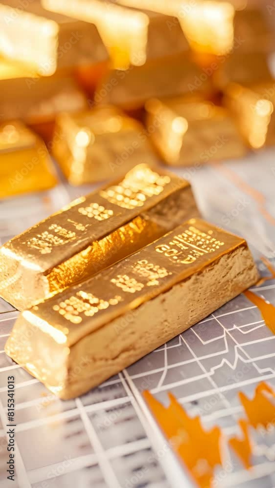Poster a bunch of gold bars are on a table with a graph. the bars are shiny and the graph is showing a down