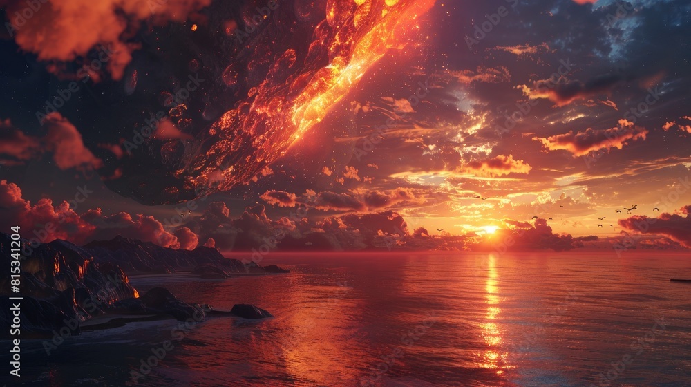 Poster a backdrop of intense science unfolds as an asteroid looms overhead casting ominous red clouds over 