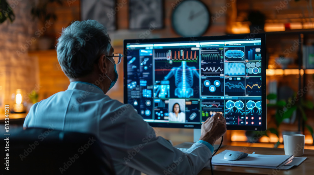 Poster an elderly male professional intensely analyzing financial data on multiple computer screens in a di