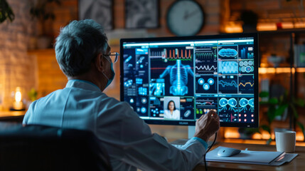 An elderly male professional intensely analyzing financial data on multiple computer screens in a dimly lit office.