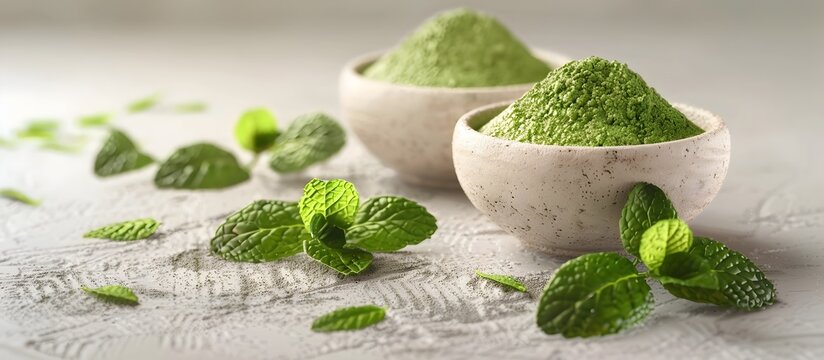 Elegant Display of Japanese Matcha Powder and Fresh Mint Leaves in Serene Natural Setting