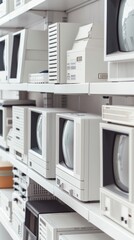 Legacy computer systems showcased in a white minimalist studio highlighting retro elegance