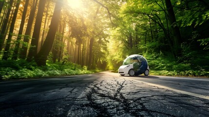 Eco car on forest road with earth planet going through forest Ecosystem ecology healthy environment...