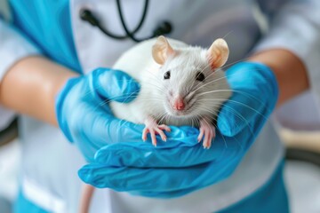 Veterinarian Examining a White Rat in Clinic
