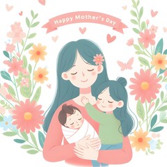 AI Generate of Happy Mother's Day Vector, Mother and Children, Mother and Daughter, Mother and Son.