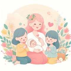 AI Generate of Happy Mother's Day Vector, Mother and Children, Mother and Daughter, Mother and Son.