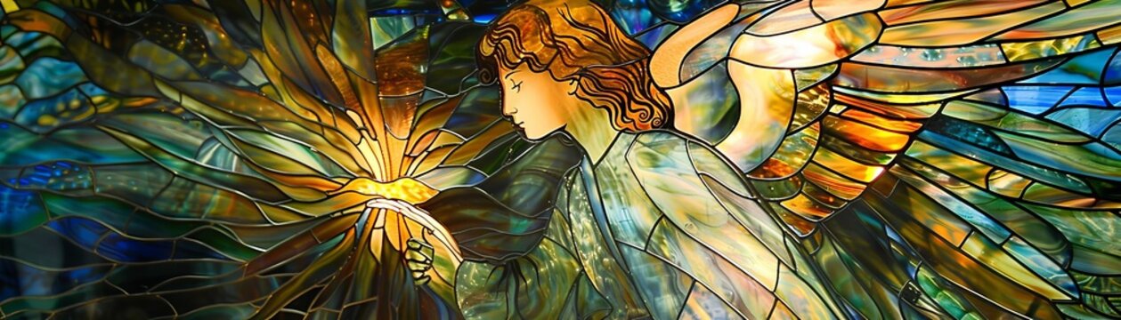 An intricate stained glass panel featuring an angel guiding lost souls bathed in ethereal light