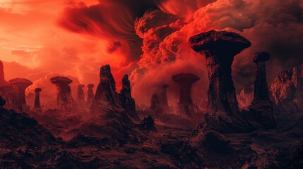 Dramatic scenes straight out of an apocalypse movie unfold think judgment day the world s end and an asteroid impact Against the fiery red sky eerie silhouettes of mushroom rocks paint a ha