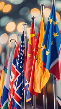 A row of flags from different countries are hanging on a pole. The flags are of various colors and sizes, and they are arranged in a way that creates a sense of unity and diversity. Vertical video