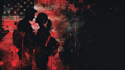 Fototapeta premium Man in american military uniform; with his wife in civil dress; cuddling; silhouette style;generative ai