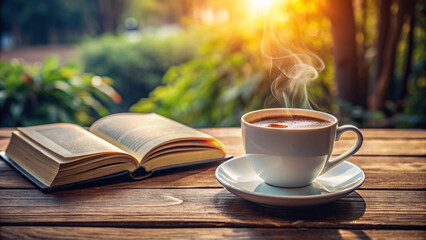 A hot coffee sits on a wooden table next to an open book, perfect for a morning reading break
