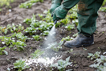 Farmer spraying liquid fertilizer on lush green field, nurturing crops for bountiful harvest.